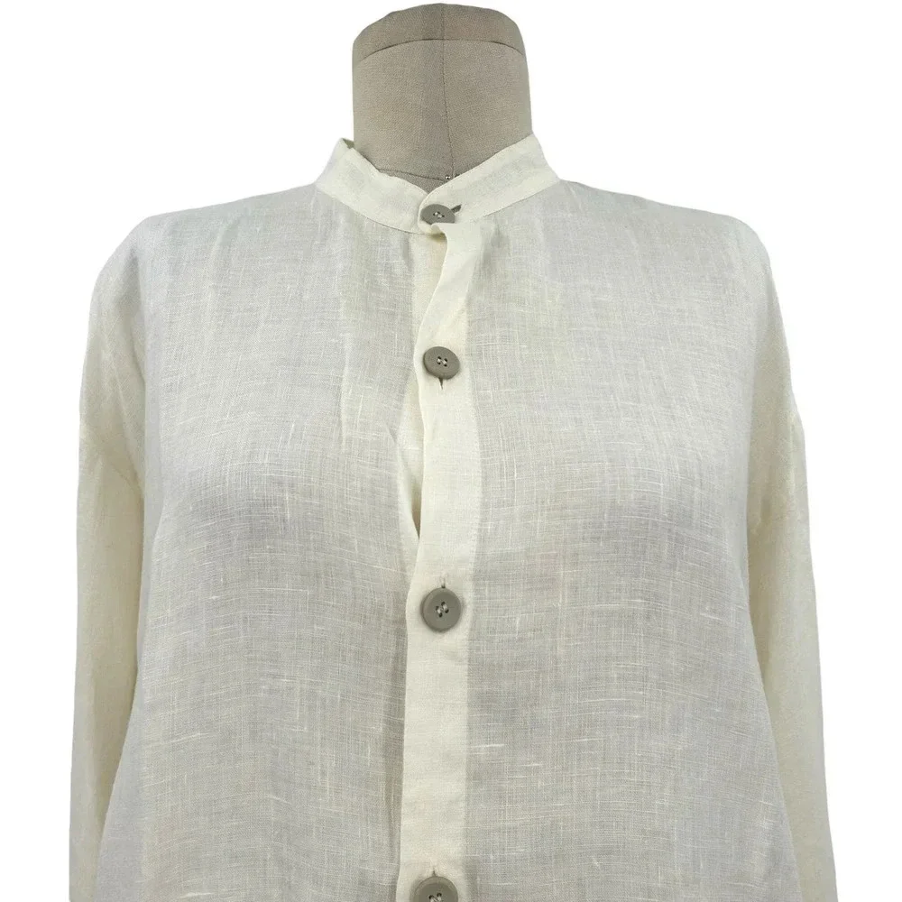 FLAX Linen Lagenlook Button Down Front Tunic Top White Cream‎ Size Small